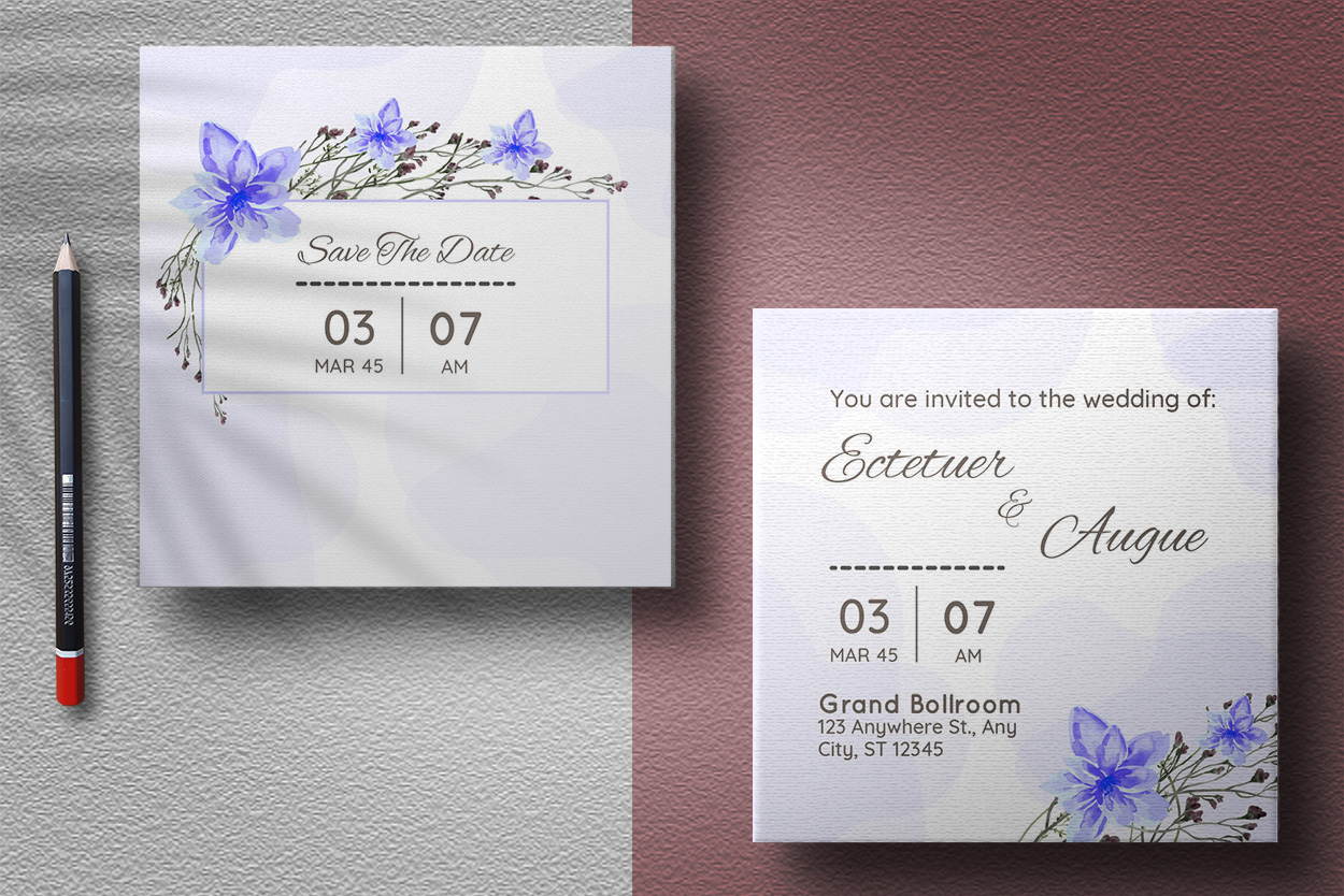 Image of colorful wedding invitation with watercolor blue flowers.