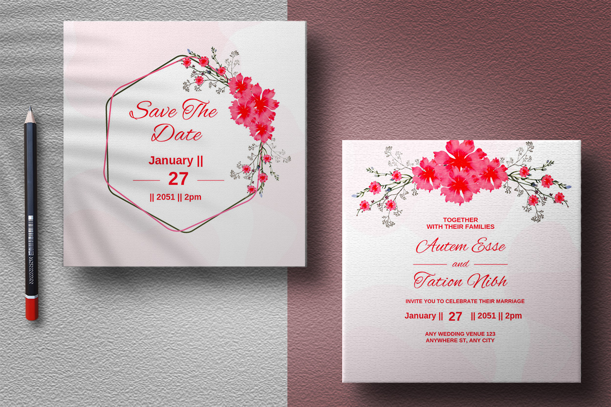 Image of elegant wedding invitation with hibiscus flowers.