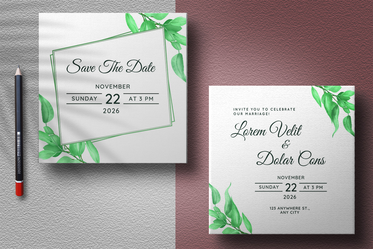 Geometric Wedding Card with Leaf Design presentation.