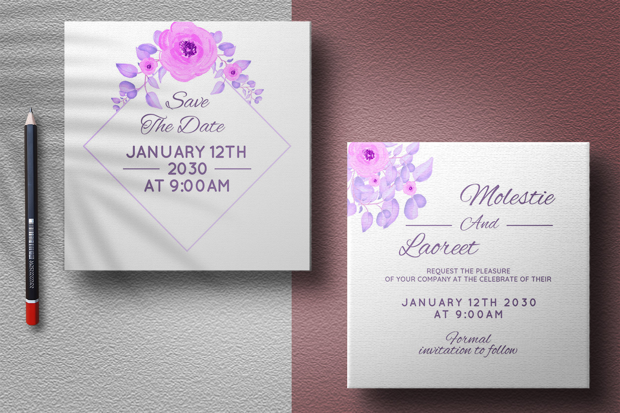 Wedding Invitation Card Pink Flower Square Watercolour Background preview image.