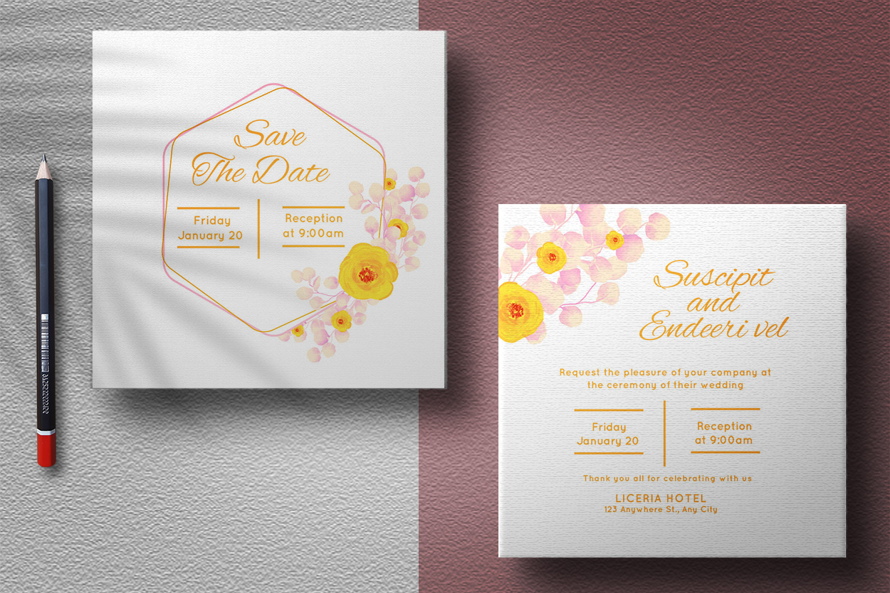 Yellow Floral and Watercolor Leaf Wedding Card presentation.