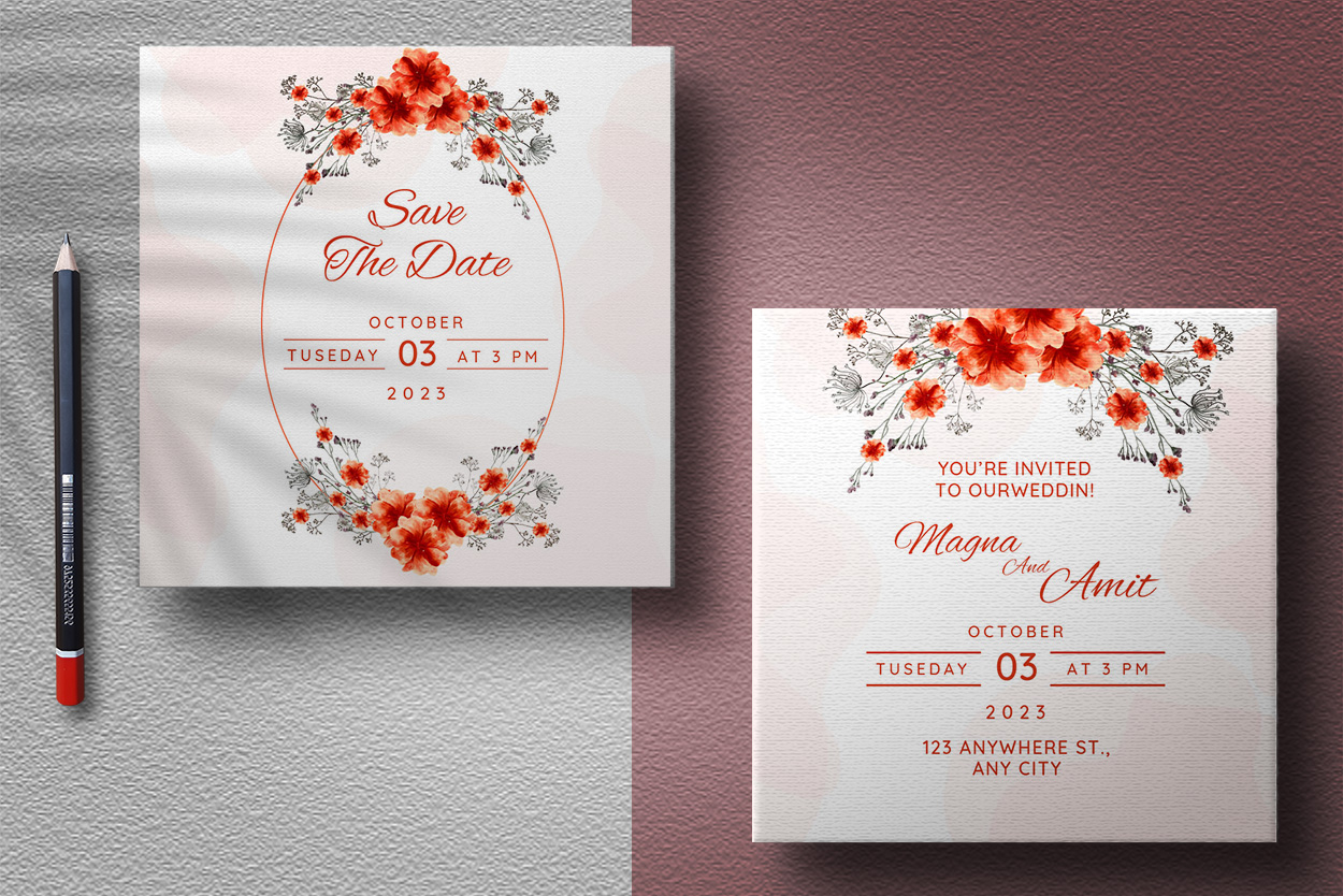 Beautiful Orange Flower Wedding Invitation Card presentation.