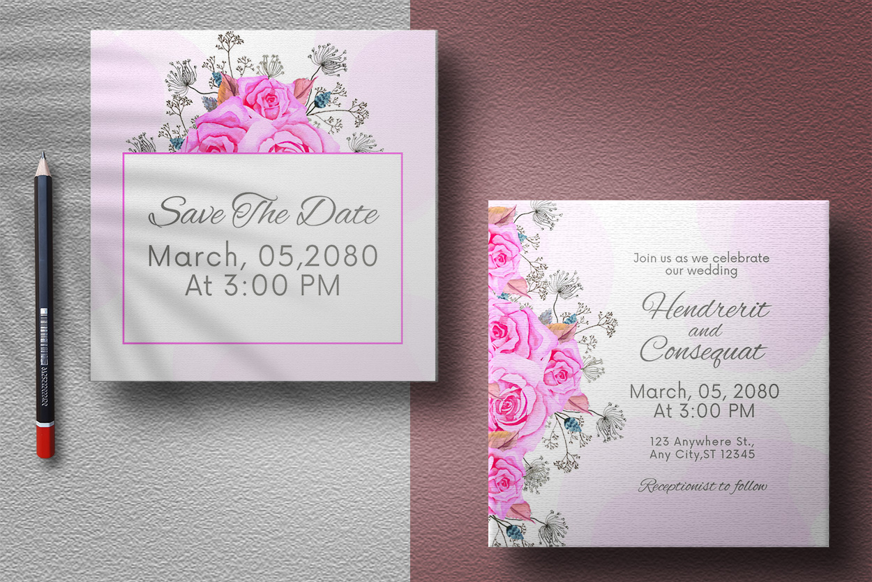 Wedding Card Template with Pink Rose Florals Watercolor presentations.