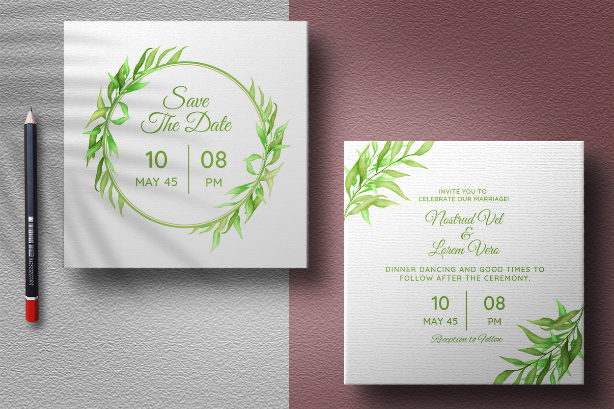 Wedding Invitation Card with Floral Leaf presentation.