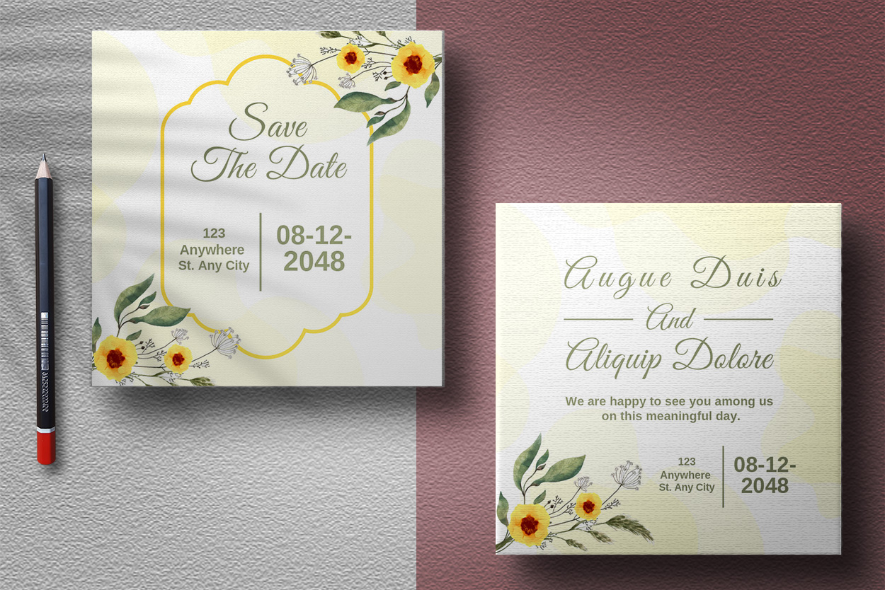 Image of charming wedding invitation with yellow flowers.