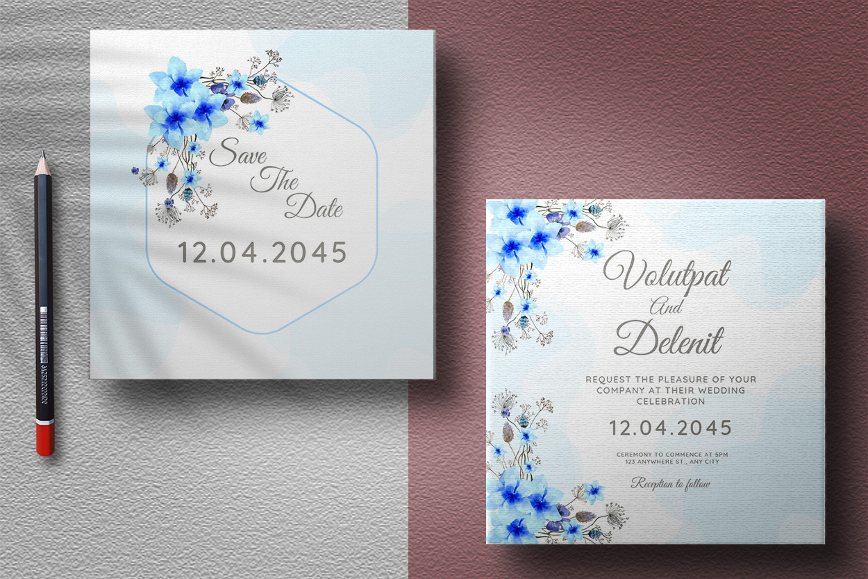 Blue Floral Wedding Invitation Card Template - MasterBundles