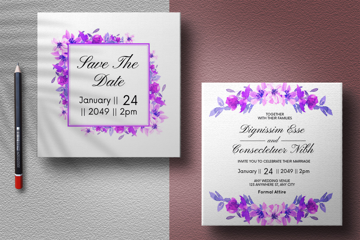 Wedding Invitation Violet Flower Background Template preview image.