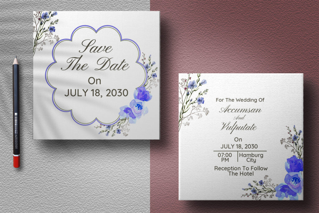 Wedding card with blue flower design - MasterBundles