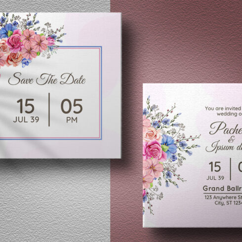 Blue and Pink Floral Wedding Card Design - MasterBundles