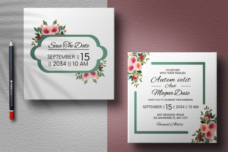 Green Frame Rose Floral Wedding Card - MasterBundles