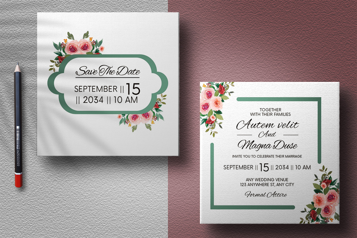 Green Frame Rose Floral Wedding Card presentation.