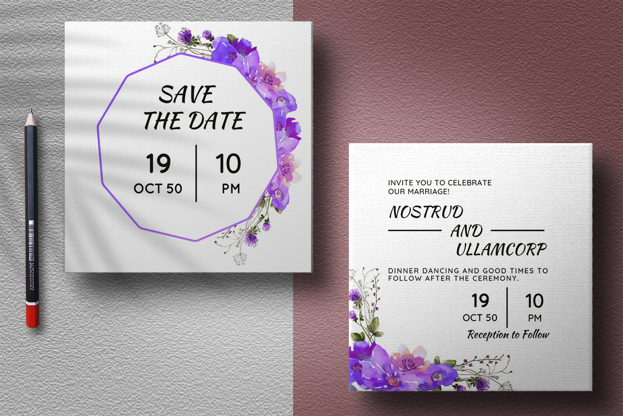 Elegant Wedding Invitation with White Blue Floral Design preview image.