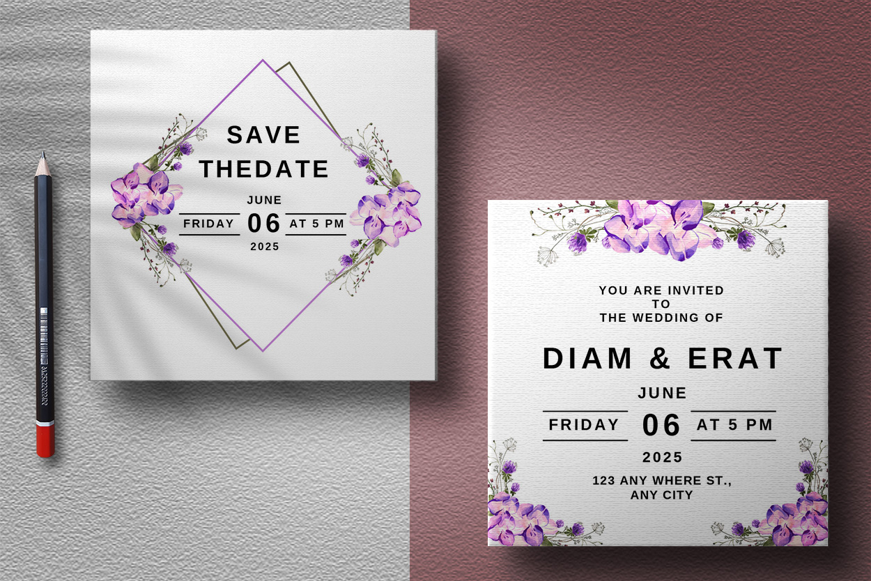 Wedding Floral Violet Card Design preview image.