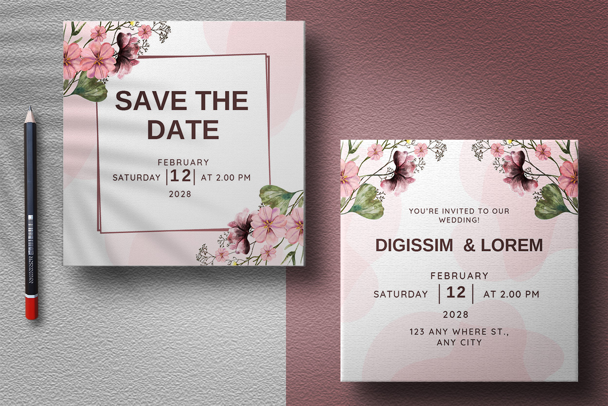 Watercolor Wedding Invitation Card with Flowers presentation.