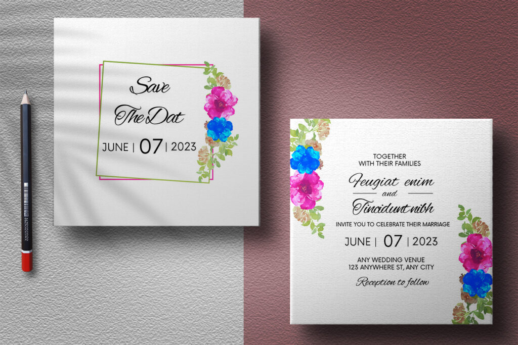 Wedding card with blue and pink floral - MasterBundles