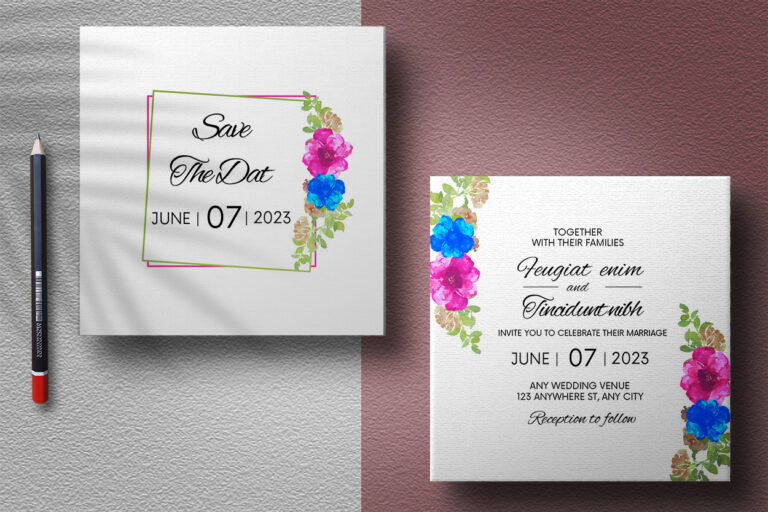 Wedding card with blue and pink floral - MasterBundles