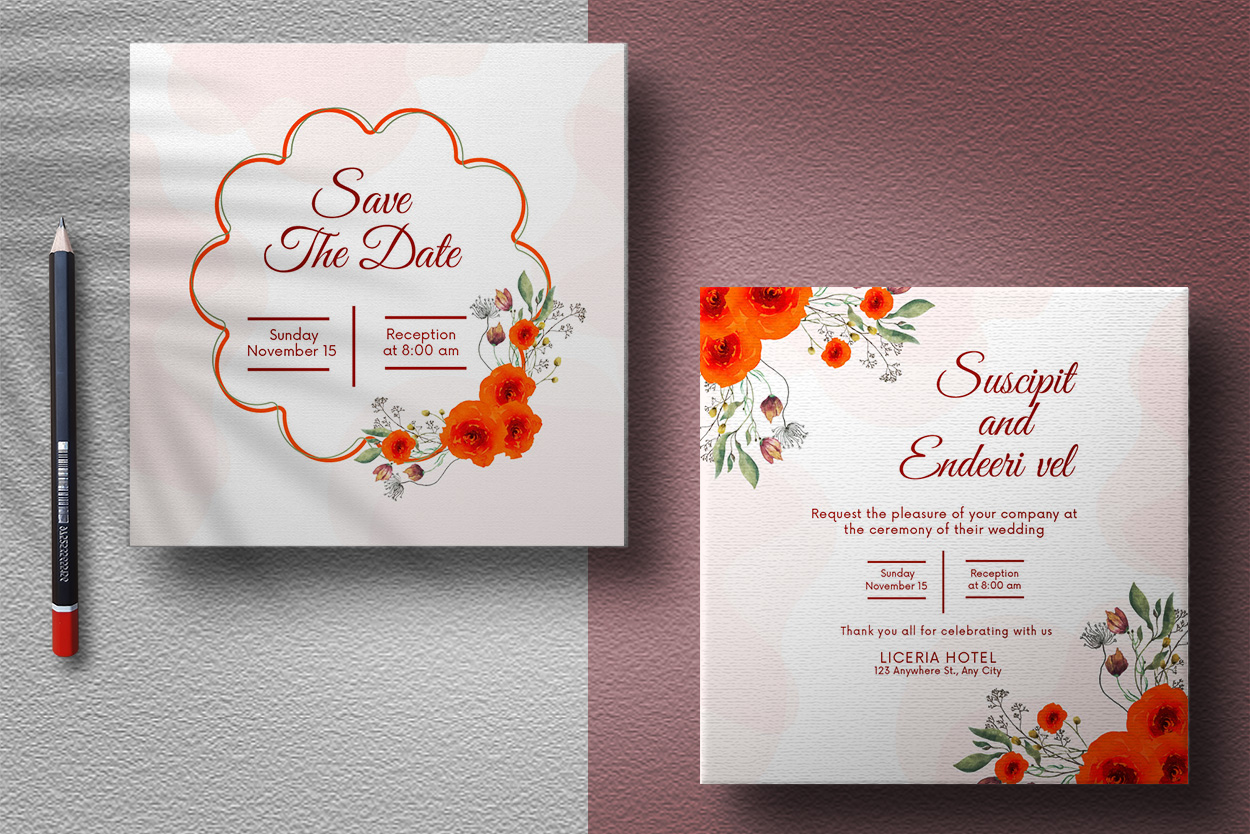 Picture of a wonderful wedding invitation with watercolor orange roses.