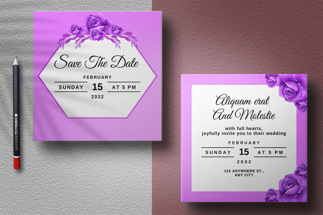 Square wedding invitation card watercolour floral in lilac.