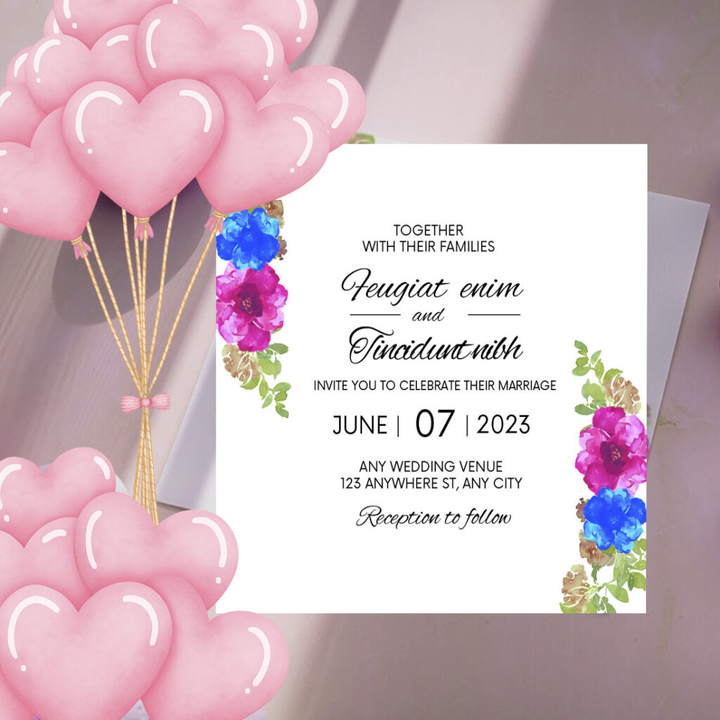 Wedding card with blue and pink floral - MasterBundles