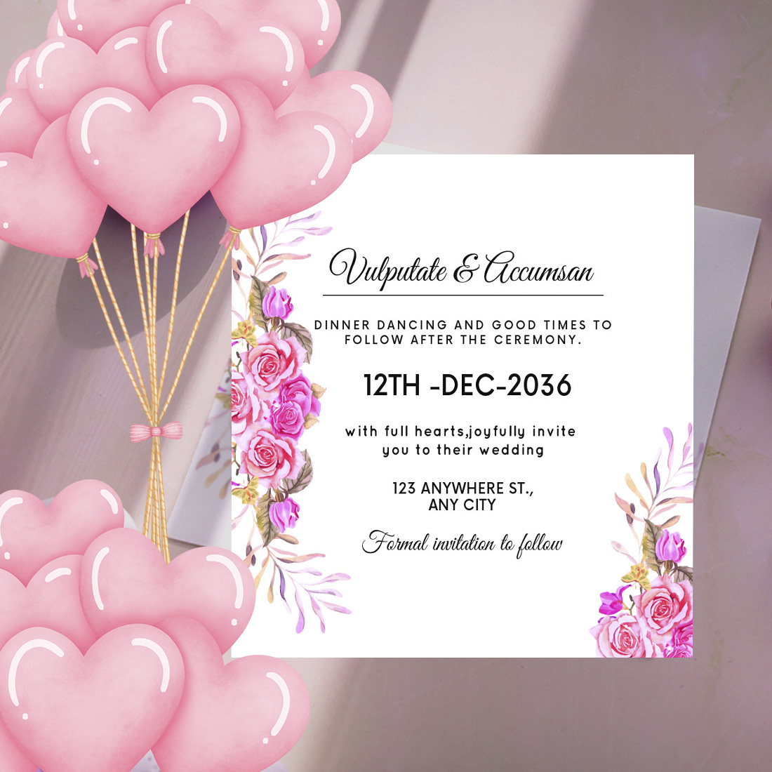 Luxury Pink Rose Florals Wedding Card image cover.