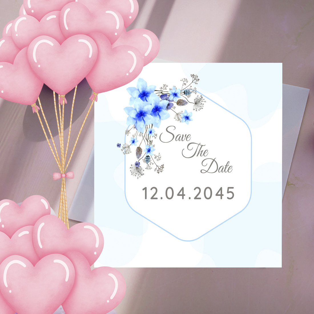 Blue Floral Wedding Invitation Card Template preview.