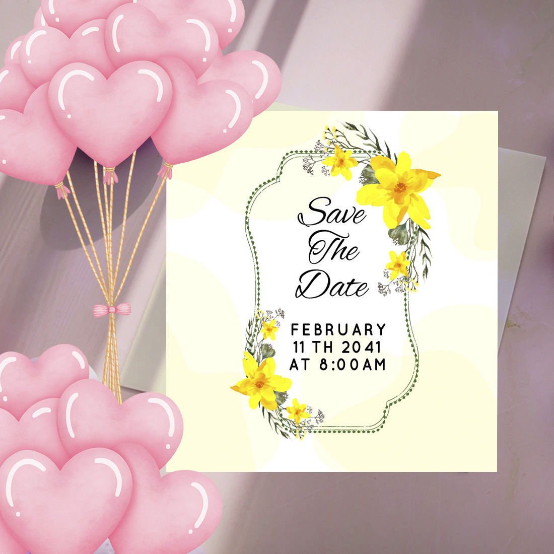 Image of a beautiful wedding invitation with yellow flowers.