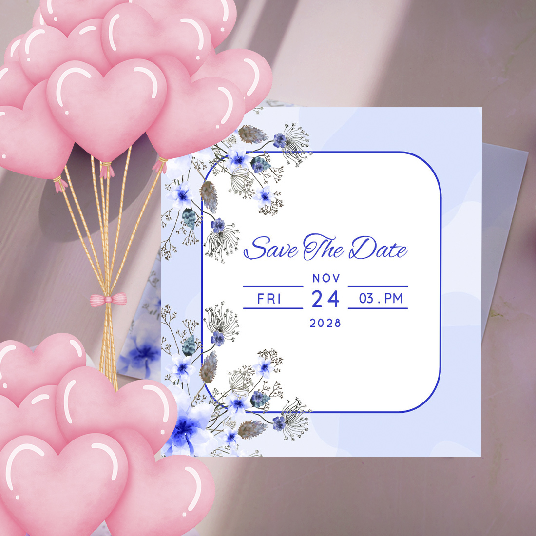 Blue White Floral Wedding Invitation Card image cover.