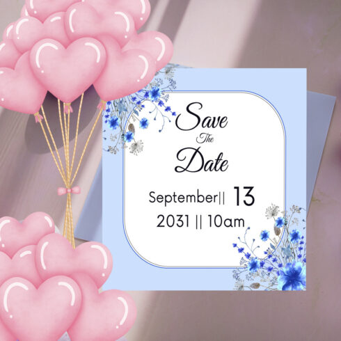 Blue Floral Design Wedding Card Vector main image.