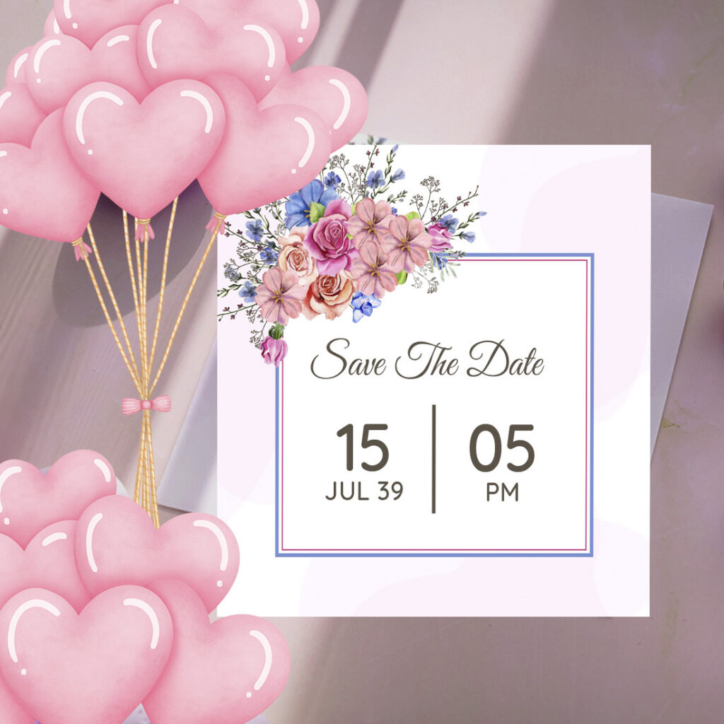 Blue and Pink Floral Wedding Card Design - MasterBundles
