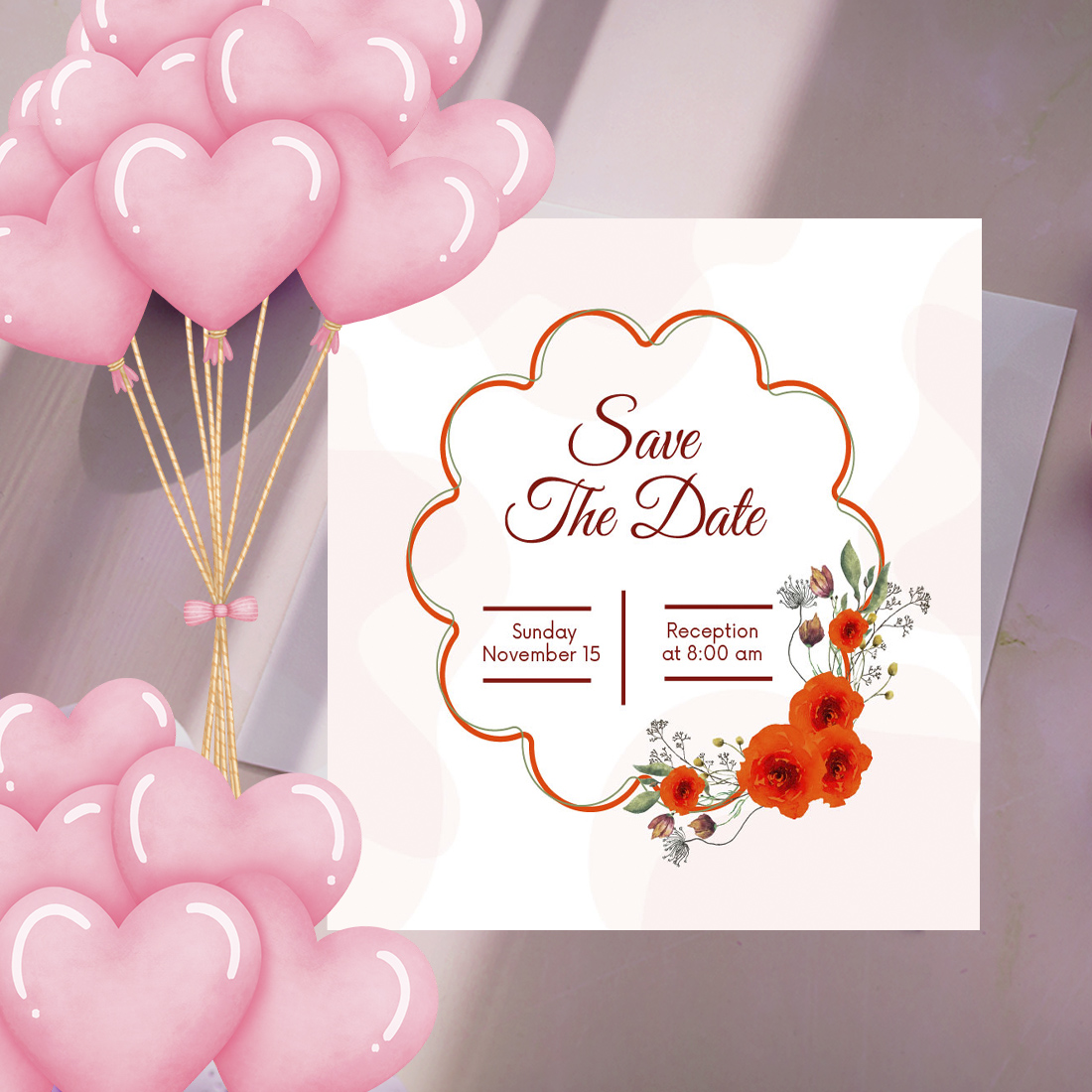 Image of colorful wedding invitation with watercolor orange roses.