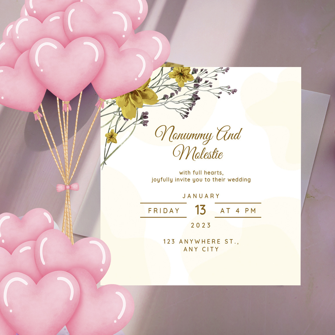 Image of charming wedding card with floral design.