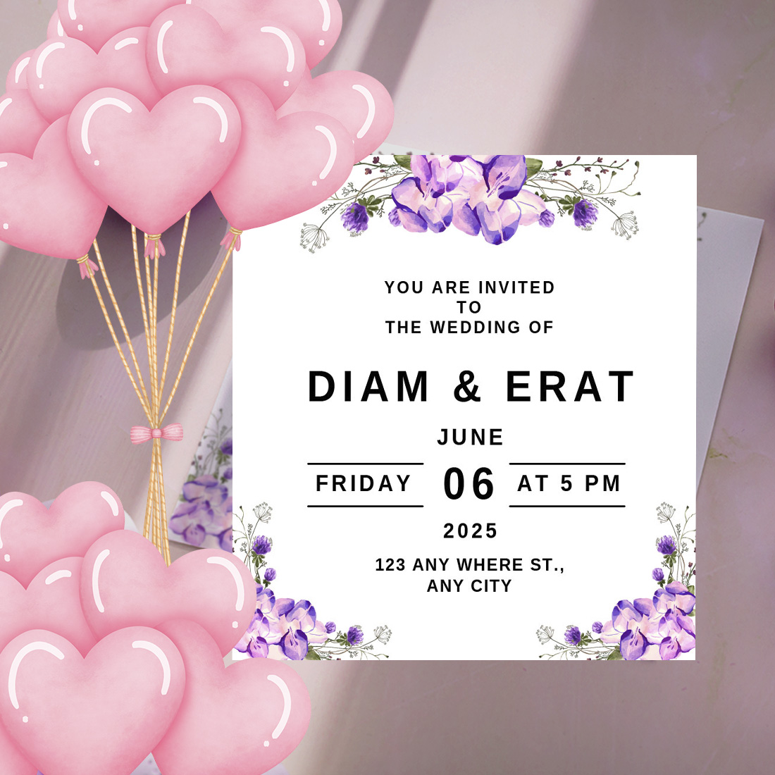 Wedding Invitation with Wonderfull Violet Florals Design cover image.