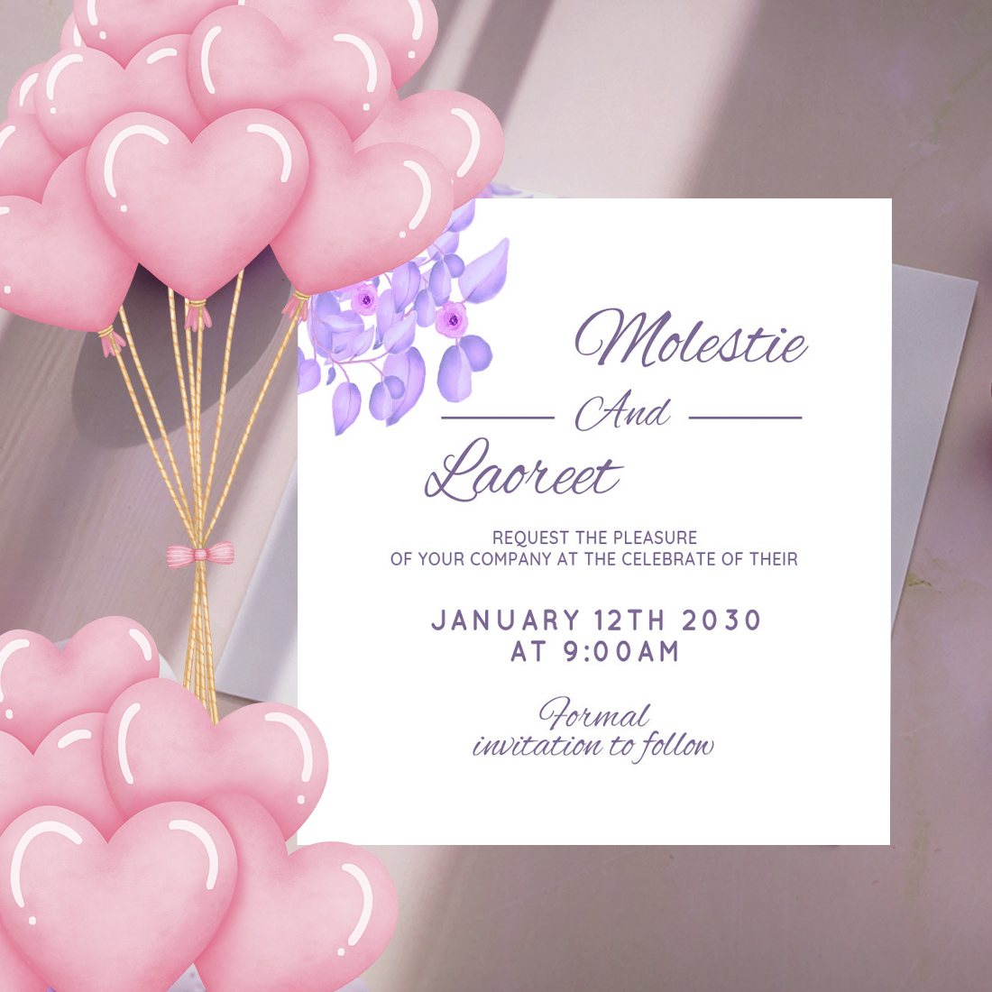 Floral Pink Square Wedding Invitation Card Watercolour Background cover image.