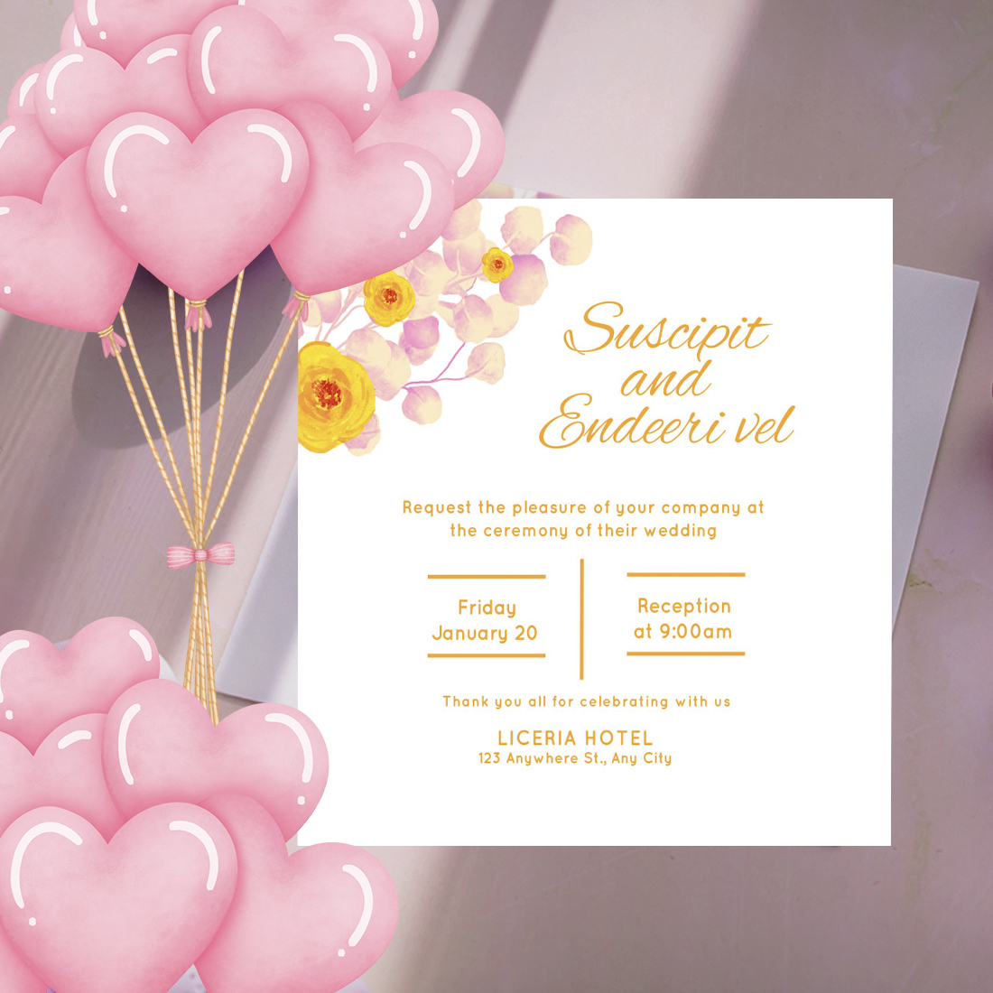 Yellow Floral and Watercolor Leaf Wedding Card preview.