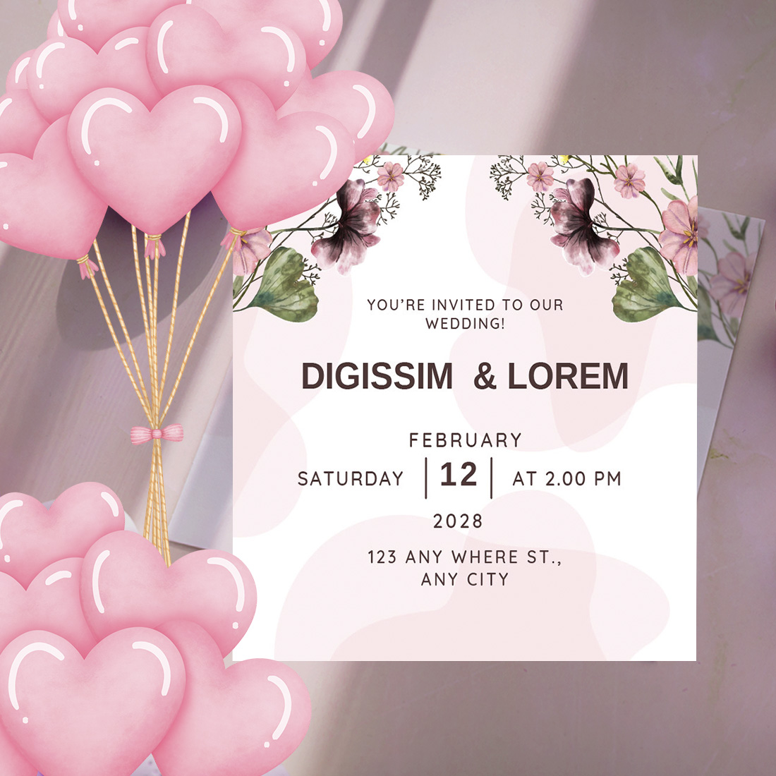 Watercolor Wedding Invitation Card with Flowers preview.