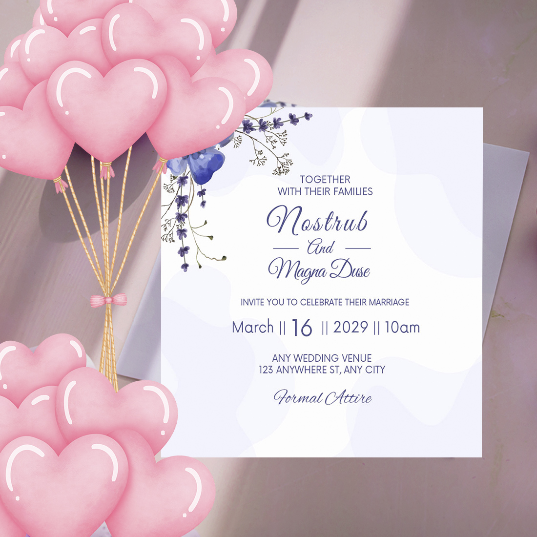 Navy Blue Floral Wedding Invitation Card Template preview.