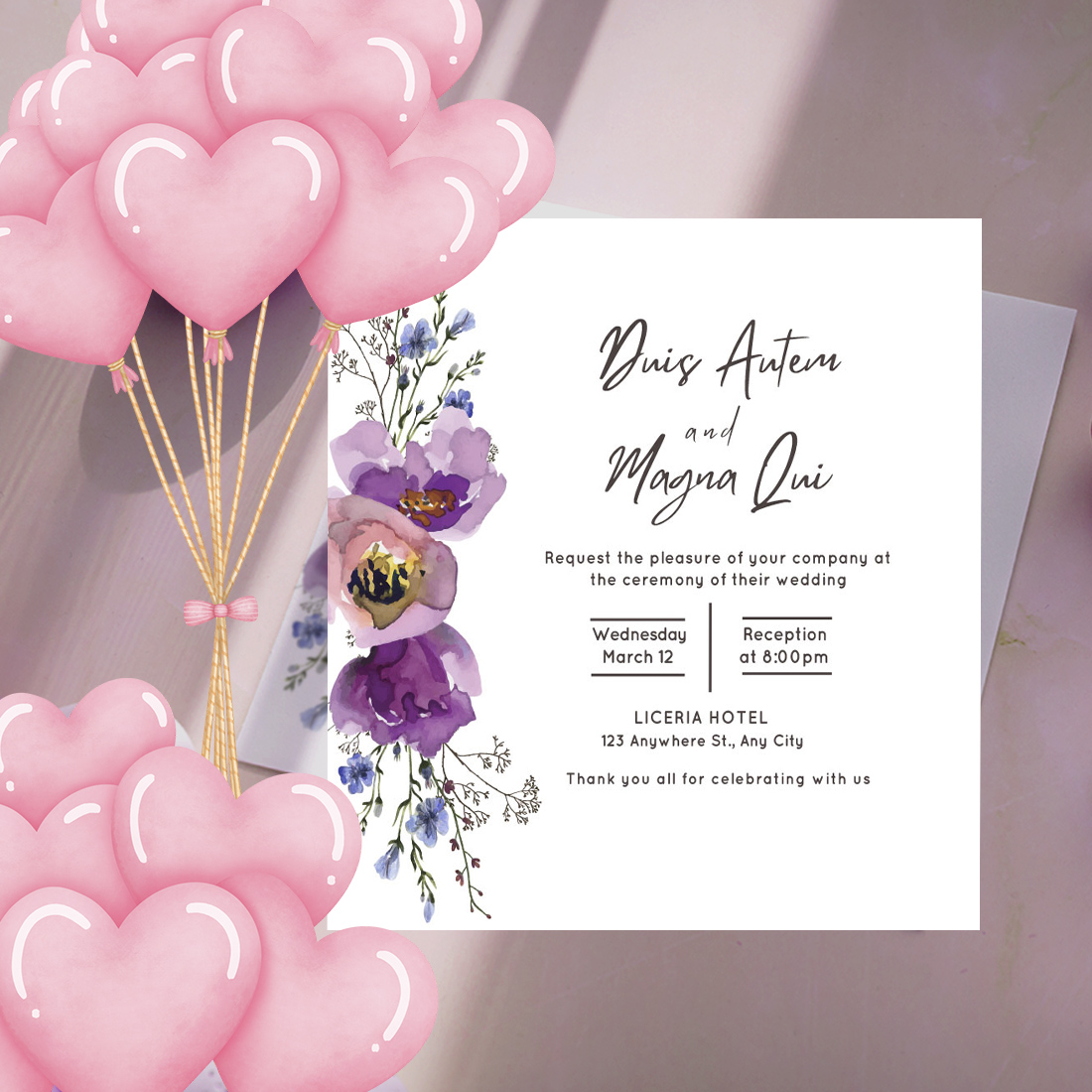 Wedding Card Template with Purple Floral preview image.