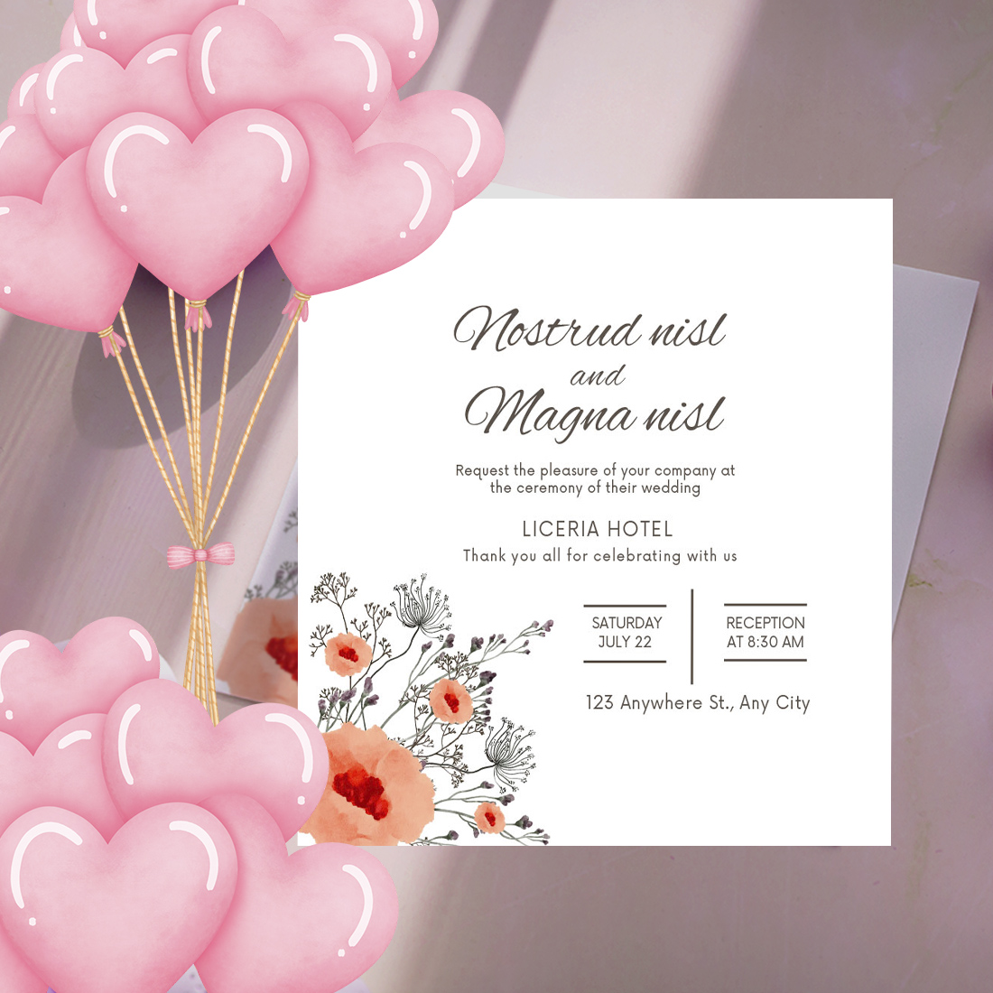 Pink Floral Wedding Card Vector Design preview.