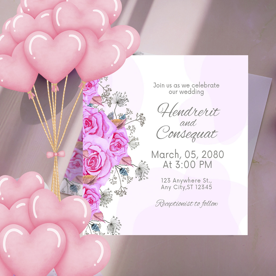 Wedding Card Template with Pink Rose Florals Watercolor preview.