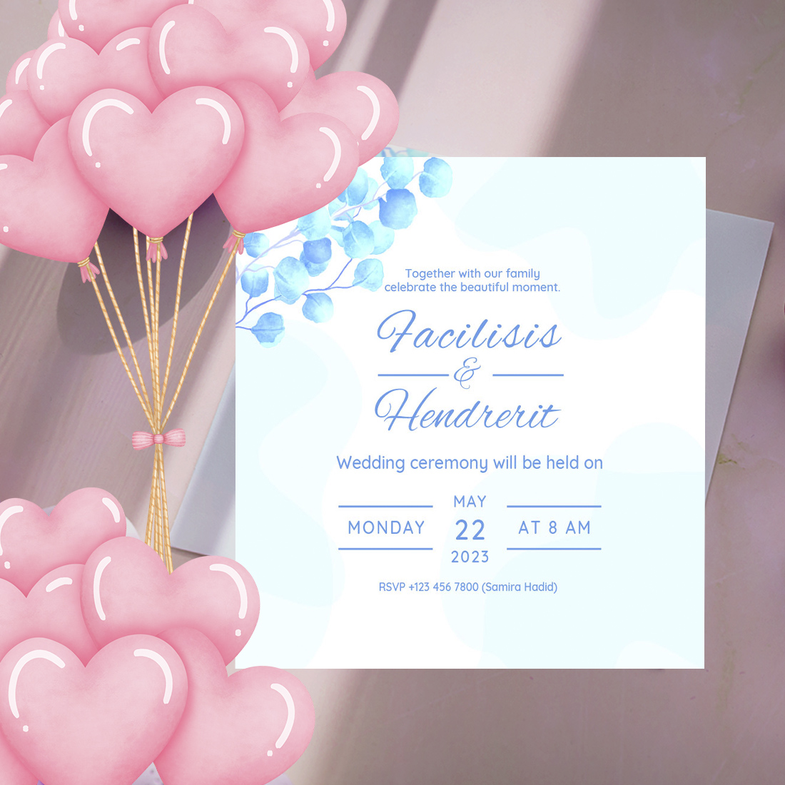 Preview for Awesome Watercolor Blue Floral Wedding Card Design.