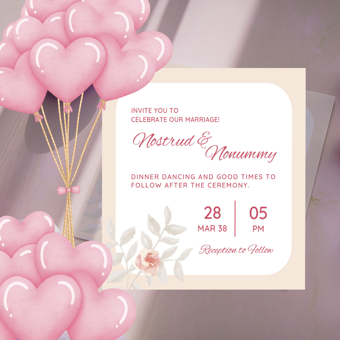 Image of charming wedding invitation with pink flowers.