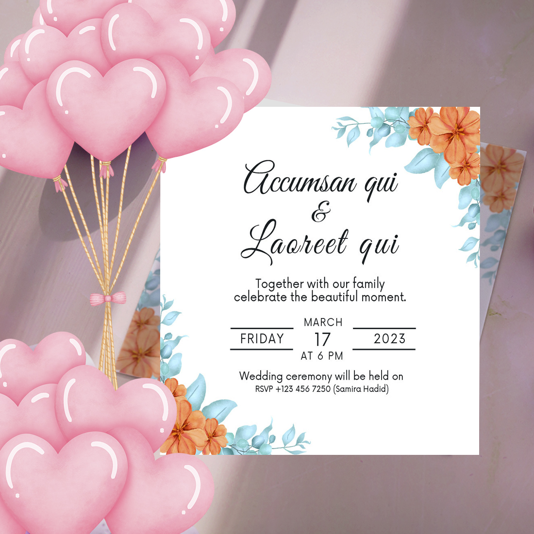 Blue Leaves Orange Floral Wedding Card Template preview.