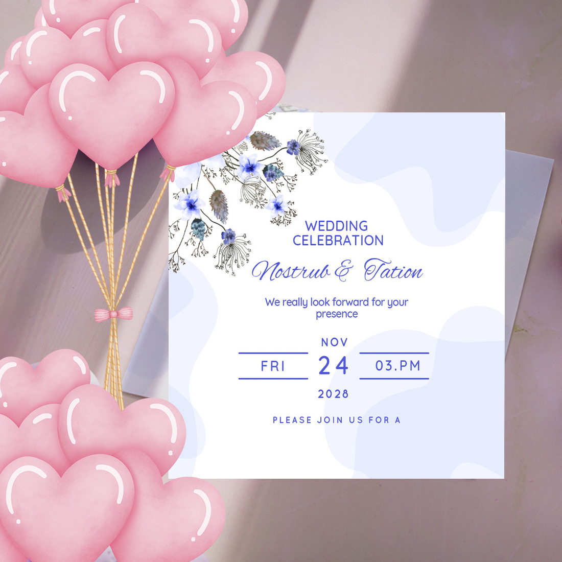 Blue White Floral Wedding Invitation Card preview.