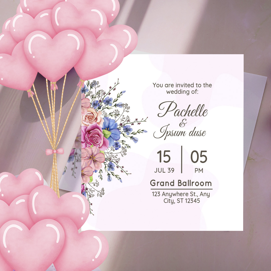 Awesome Preview for Blue and Pink Floral Wedding Card Design.