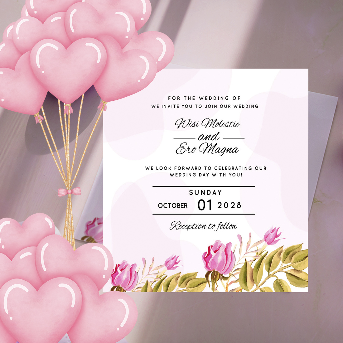 Picture of a wedding invitation card with a charming design