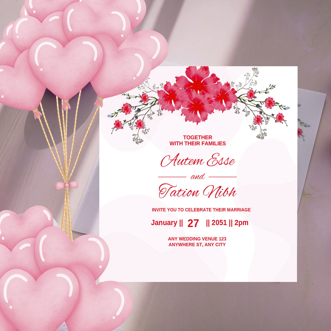 Image of unique wedding invitation with hibiscus flowers.