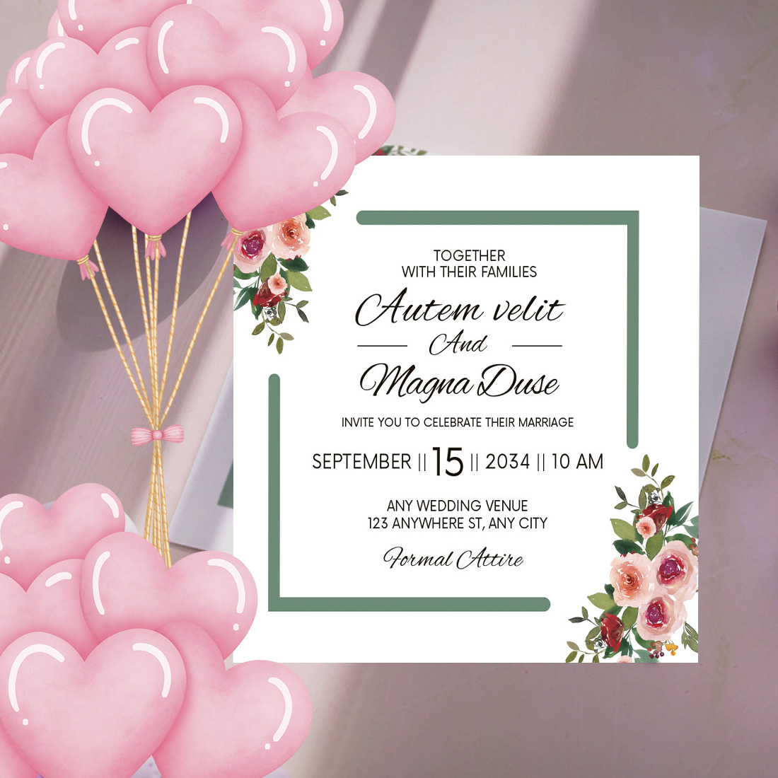 Green Frame Rose Floral Wedding Card preview.