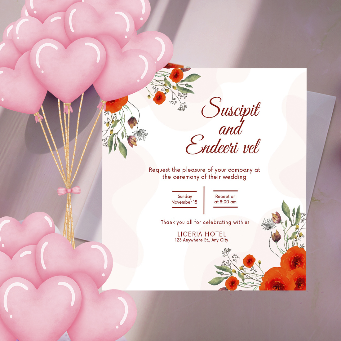 Image of beautiful wedding invitation with watercolor orange roses.