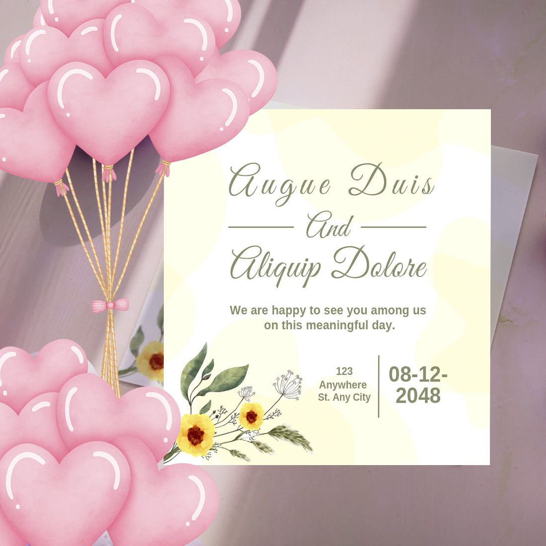 Image of gorgeous wedding invitation with yellow flowers.