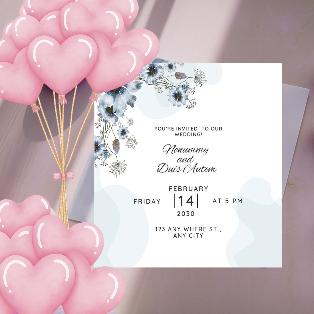 Blue Watercolor Florals Wedding Invitation Card preview.